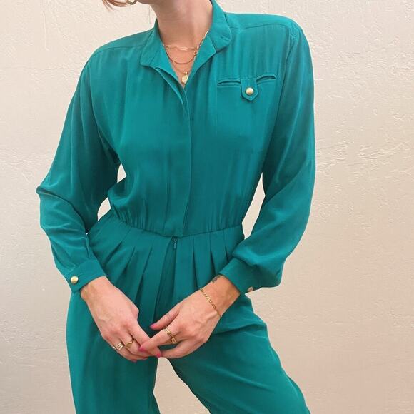 Vintage 1980's 100% Silk Turquoise Long Sleeve Utility Jumspuit - Picture 7 of 9